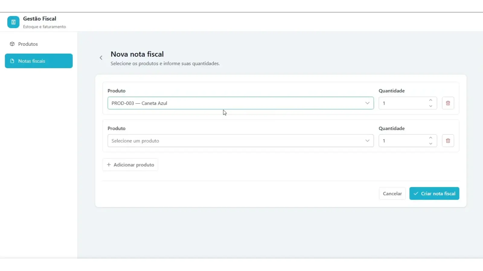Interface do sistema de estoque e emissão de notas fiscais