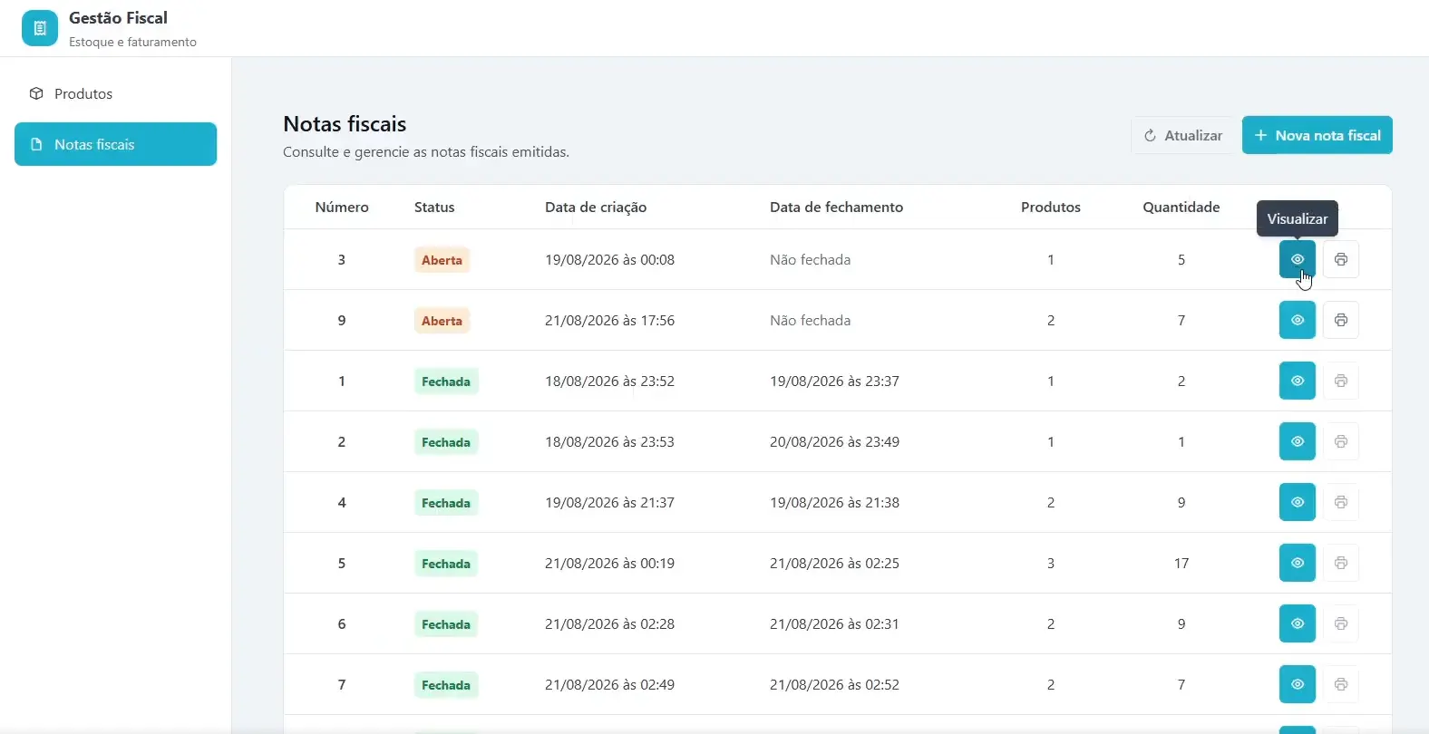 Listagem de notas fiscais